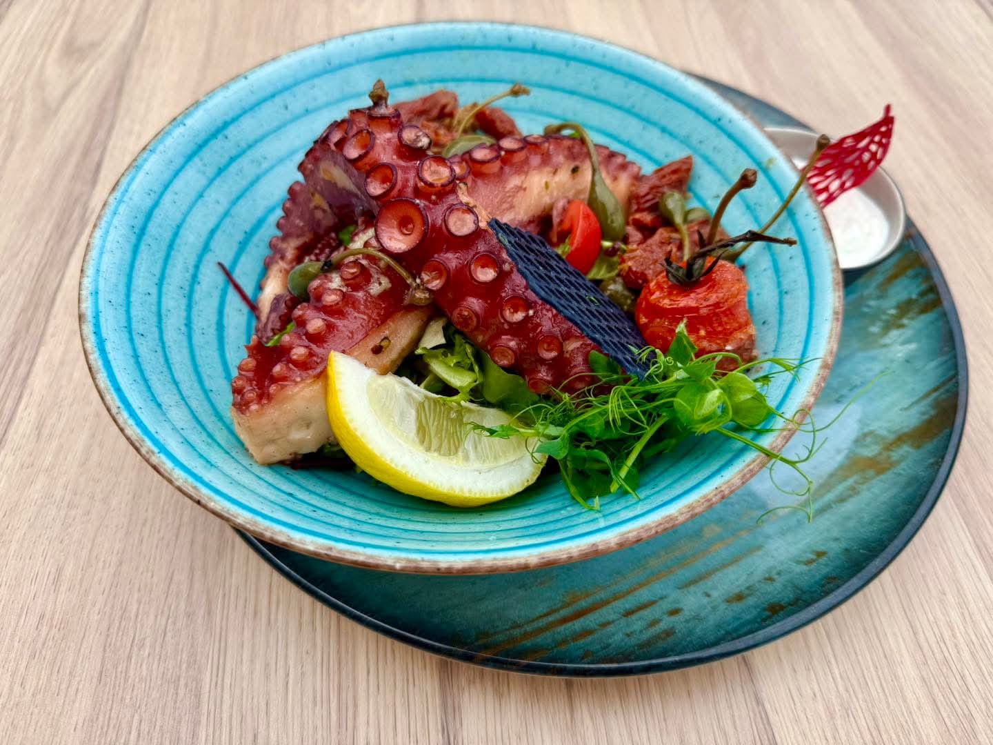 Caracatiţă pe pat de salată cu sos aioli